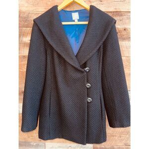 J. Jill Black Basketweave Wool Blend Hooded Coat Jacket Purple Lined Size Large